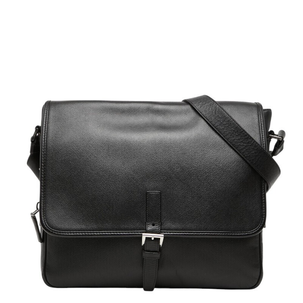 Prada Triangle Plate Shoulder Bag Messenger Black Saffiano Leather